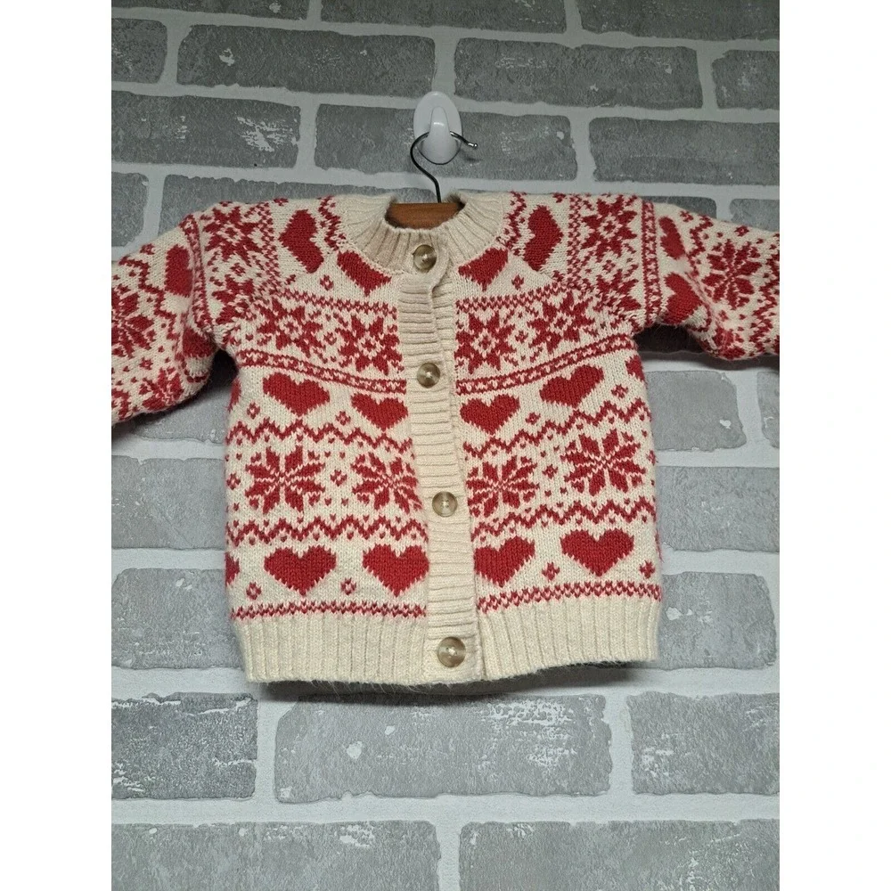 H&M‎ Kids Light Beige/Patterned Fair Isle Heart Print Knit Cardigan Size 9M